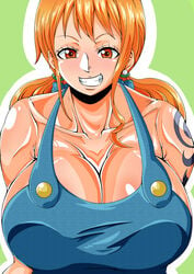 1girls alternate_version_available bare_shoulders big_breasts brown_eyes cleavage ear_piercing earrings eyelashes female female_only front_view human long_hair looking_at_viewer naked_overalls nami one_piece orange_hair overalls piercing pose posing shiny shiny_skin simple_background smiling solo standing tattoo teamtgs tied_hair twintails