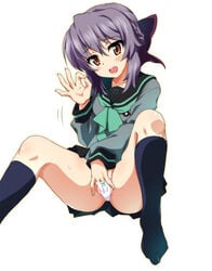 blush braid brown_eyes female fingering fingering_self hair_ornament hair_ribbon hiiragi_shinoa looking_at_viewer masturbation open_mouth ouhashi owari_no_seraph panties purple_hair ribbon school_uniform simple_background smile socks spread_legs sweat underwear white_background white_panties