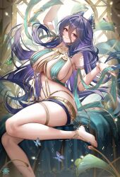 anklet arm_up armlet azur_lane bare_shoulders barefoot blush breast_curtains breasts bug butterfly cg chi_an_(azur_lane) chi_an_(exotic_dreamland)_(azur_lane) cleavage closed_mouth cone_hair_bun feet female foot_out_of_frame gold_trim hair_between_eyes hair_ornament jewelry large_breasts legs long_hair looking_at_viewer navel purple_hair red_eyes revealing_clothes sideboob sitting smile solo stomach thigh_strap thighlet thighs toes very_long_hair