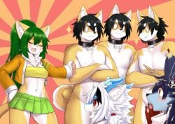 3boys 3girls anthro clothed_female collar completely_naked completely_naked_male completely_nude completely_nude_male digital_drawing_(artwork) digital_media_(artwork) domestic_cat domestic_dog dragon duplicated_character haruz naked naked_male nude nude_male presenting shiba_inu sundyz surprised surprised_expression tagme wolflong wolflong_(character)