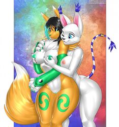 anthro big_breasts black_hair blue_eyes breast_fondling breasts clothing digimon digital_media_(artwork) female fondling fur gatomon gloves hair hand_on_breast nhalafallon nipples nude pussy renamon renamon_(nhalafallon) simple_background stripes thunder-renamon white_fur yellow_fur