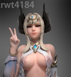 1girls 3d 3d_(artwork) angela_ziegler big_breasts blonde_hair celestial_guardian_mercy cleavage hidden_nipples highres mercy nipple_ribbon overwatch rwt4184 see-through semi_nude solo_female transparent_clothing v_sign white_hair white_hair_female