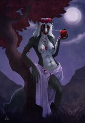 1girls anthro apple black_sclera blood breasts eve_hawthorne food fruit hair jewelry mammal moon necklace nude red_eyes skunk solo tree vampire vivienwhite_(artist) white_hair