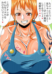 1girls alternate_version_available bare_shoulders big_breasts brown_eyes cleavage ear_piercing earrings eyelashes female female_only front_view heart human japanese_text long_hair looking_at_viewer naked_overalls nami one_piece orange_hair overalls piercing pose posing shiny shiny_skin simple_background smiling solo sound_effect speech_bubble standing tattoo teamtgs text tied_hair translation_request twintails