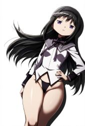 ai ai_generated akemi_homura black_hair black_thong confident curvy detailed_hair exposed_legs front_view hand_on_hip homura_akemi long_hair looking_at_viewer magical_girl mahou_shoujo_madoka_magica narrow_waist neutral_expression puella_magi_madoka_magica purple_eyes sexy sexy_body shadow simple_background skirtless small_breasts standing thick_thighs thong white_background wide_hips without_pants