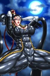 1girls abs bayonetta bayonetta_(character) big_breasts black_hair bodysuit busty cleavage cleavage_cutout curvy ear_piercing earrings elbow_gloves eyelashes eyeshadow female female_only front_view glasses gloves hourglass_figure huge_breasts human lipstick long_hair looking_at_viewer makeup moon muscle muscular muscular_female naughty_face negoto_(nego6) night piercing ponytail pose posing seductive seductive_smile sega shiny shiny_skin smile spread_legs spreading standing thick_thighs tied_hair very_long_hair video_game video_games voluptuous white_gloves wide_hips witch