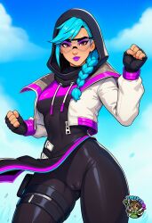 ai_art ai_generated blue_hair braid cameltoe fortnite fortnite:_battle_royale glasses hood hood_up leggings mixxiru spandex synapse_(fortnite) tight_clothing wide_hips
