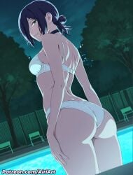 ai_generated ass backside bikini chainsaw_man cute_butt hair_bun hand_on_head hands_on_hips in_water medium_breasts midriff petite_body pool purple_hair reze_(chainsaw_man)