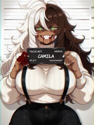 1girls 2025 after_fight ai_generated big_breasts blood_drip blood_on_face brown_and_white_hair bruise bruised bruised_eye bruised_face camila_(memch0) child_bearing_hips crazy crazy_eyes crazy_smile dark-skinned_female dark_skin el_memc female female_only green_eyes heterochromia huge_breasts hyper_breasts looking_at_viewer memch0 mugshot muscular muscular_female oc original original_character sweat sweatdrop sweating sweaty tight_clothing
