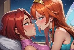 2girls ai_generated bare_arms bare_shoulders bloom_(winx_club) blue_eyes blue_shirt blush bopitphy breasts brown_eyes brown_eyeshadow charmix closed_mouth couple deviantart_watermark duo eye_contact eyeshadow fairy fairy_only fairy_wings female/female female_only half-closed_eyes hugging humanoid humanoid_only imminent_kiss indoors lips lipstick long_hair looking_at_another love lying lying_on_back lying_on_stomach magical_girl makeup medium_breasts multiple_females multiple_girls mutual_yuri night night_sky ocean on_back on_stomach orange_hair parted_lips pillow pink_lipstick pink_shirt png red_hair romantic romantic_couple rubber rubber_clothing shirt short_hair sidelocks sky sleeveless sleeveless_shirt sleeveless_turtleneck smile star starry_sky straight_hair turtleneck_shirt upper_body w.i.t.c.h. water watermark will_vandom window wings winx_club yuri