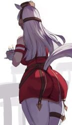 1girls animal_ears armband ass birthday_cake breasts cake candle commentary dress english_commentary female female_only food from_behind gloves gold_ship_(red_strife)_(umamusume) gold_ship_(umamusume) grey_hair hat highres hinghoi holding holding_plate horse_ears horse_girl horse_tail large_breasts long_hair pantyhose pillbox_hat plate red_dress sleeveless sleeveless_dress solo striped_armband striped_clothes tail umamusume white_gloves white_pantyhose