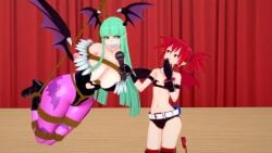 2girls 3d blunt_bangs bondage bound damsel_in_distress darkstalkers disgaea etna glaring green_hair hime_cut holding_microphone kidnapped large_breasts morrigan_aensland pavro red_eyes red_hair tape_gag