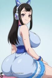 1female 1girls 2026 ai_generated animal_ear_headphones animal_ears artist_name ass bangs bare_shoulders beyblade beyblade_x big_ass big_breasts black_hair blue_dress breasts brown_eyes cat_ear_headphones curvy dress facial_mark fake_animal_ears female female_only from_behind gradient gradient_background headphones hi_res high_quality high_resolution highres huge_ass huge_breasts large_breasts long_hair looking_at_viewer looking_back multi_nana-iro multicolored_hair patreon patreon_username sitting sleeveless smile solo unjobdespiert virtual_youtuber watermark wristband
