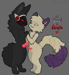 2boys androgynous anthro balls beige_fur beige_tail belly belly_button big_tail black_ears black_fur black_tail black_tuft bsky_link canine canine_genitalia canine_humanoid canine_penis completely_nude completely_nude_anthro completely_nude_male english_text femboy femboysub feminine_male fluffy_chest fluffy_ears fluffy_fur fluffy_tail furry furry_ears furry_male furry_only furry_tail grey_background grey_inner_ear heart hi_res holding_hands looking_at_each_other looking_at_partner magenta_ears magenta_eyes magenta_tail male male_only naked naked_anthro naked_male neck_tuft nude nude_anthro nude_male original_character patreon patreon_url penis_size_difference protogen protogen_face protogen_visor red_eyes short_tail simple_coloring simple_shading small_balls standing tail testicles text thighs tpaktop yaoi