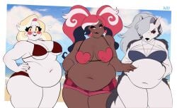 bbw belly big_belly bikini black_lipstick bra canine charlie_morningstar_(hazbin_hotel) chubby chubby_female dark-skinned_female dark_skin demon exposed_midriff female_focus female_only holding_belly kay_inthedark large_breast loona_(helluva_boss) multicolored_hair multiple_girls overweight overweight_female poking_belly red_eyes tight_fit tummy velvette white_fur wolf_girl