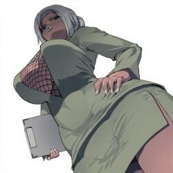 1girls bare_legs big_breasts big_lips bimbo blue_eyes breasts brown_skin busty clipboard curvaceous curvy curvy_body curvy_female curvy_figure dark-skinned_female dark_skin dress earrings female fishnet_topwear fishnets from_below hair_bun hand_on_hip high_resolution holding_object hourglass_figure huge_breasts list long_hair low-angle_view mabui makeup mature mature_female naruto naruto_(series) naruto_shippuden no_bra pinup plain_background sashizume_soutarou secretary shiny shiny_hair shiny_skin silver_hair simple_background solo solo_focus tied_hair underboob viewed_from_below voluptuous white_background wide_hips