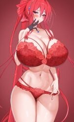 blush gigantic_breasts hyper kaoru1307 lace_trim lingerie naughty_face red_lingerie round_breasts taking_off_panties top_heavy