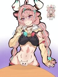 above arm at bandaid bare bell between blush bovine bow bowtie braid braids breasts detached ear eyes female from genshin_impact girl hair hairband horn horns humanoid intakes jewelry large long looking low midriff mihoyo mouth multicolored multiple navel on only open ornament pleated ring rings salute shoulders single skirt sleeves smile socks solo standing streaks tail teeth thigh thighhighs thighs thumb twin two-tone up upper varesa_(genshin_impact) viewer