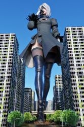 1girls 3d black_blindfold blindfold bob_cut breasts building buildings city clothing conqueringgoblin female female_focus female_only giantess light-skinned_female light_skin macro nier nier:_automata puffy_sleeves short_hair solo solo_female solo_focus street thighhighs walking white_hair wide_hips yorha_2b