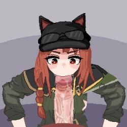 1boy 1girls animated animated_gif arknights ash_(rainbow_six) blowjob cap clothed_female_nude_male fellatio gif kemonomimi looking_at_viewer male_pov pixel_art pov rainbow_six_siege red_eyes saliva sloppy_blowjob wufuwufuwufu