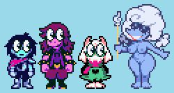 big_breasts big_thighs bjarruafterdark blue_skin deltarune deltarune_chapter_3 don_tpp edit elnina_(deltarune) exposed_breasts exposed_pussy fluffy_hair huge_breasts huge_thighs kris_(deltarune) large_breasts large_thighs noticing pixel_art pixelated ralsei sprite sprite_art sprite_edit sunglasses susie_(deltarune) toby_fox twintails utdr_(toby_fox) white_hair