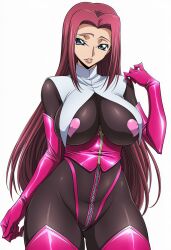 1girls ai_generated alternate_hairstyle bodysuit code_geass huge_breasts kallen_stadtfeld long_hair nun nun_outfit red_hair