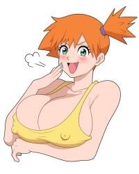 :d alternate_breast_size arm_under_breasts bare_shoulders blue_nails blush breast_hold breasts cleavage clothing collarbone covered_nipples cropped_torso female green_eyes hair_tie hand_up huge_breasts kasumi_(pokemon) large_breasts looking_at_viewer nail_polish nipples_visible_through_clothing ojou-sama_pose open_mouth orange_hair pokemon pokemon_(anime) pokemon_(classic_anime) pokemon_rgby ponytail puff_of_air short_hair side_ponytail simple_background smile smug solo tank_top truewaifu upper_body v-shaped_eyebrows white_background yellow_shirt yellow_tank_top