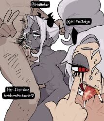 1boy 2026 2d 2girls abs big_breasts blowjob cigarette cigarette_in_mouth cum cum_in_mouth dark-skinned_female dark_skin eyes_rolling_back face_fucking female femsub fishhh grabbing_hair hair_grab helltaker helltaker_(character) horns human human_dominating human_dominating_humanoid humanoid judgement_(helltaker) light-skinned_female light-skinned_male light_skin male male_pubic_hair maledom middle_finger muscular muscular_female naked naked_female naked_male nose_piercing oral oral_creampie peace_sign pubic_hair pubic_hair_in_mouth red_eyes ruined_makeup simple_background text v white_hair white_hair_female zdrada_(helltaker)