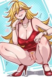 1girl absurdres blonde_hair blue_eyes bracelet breasts commentary dress earrings english_commentary female_pubic_hair grin high_heels highres jewelry large_breasts long_hair looking_at_viewer mashiaka nail_polish necklace no_panties panty_&_stocking_with_garterbelt panty_(psg) panty_anarchy pubic_hair pussy_juice red_dress red_nails red_shoes ring shoes smile solo spread_legs squatting thighs