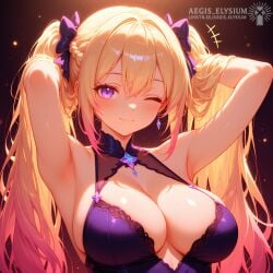 1girls 2026 aegis_elysium ai_art ai_generated anime anime_coloring anime_style arms_behind_head arms_up big_breasts blonde_female blonde_hair blonde_hair_female blush blushing_at_viewer blushing_female bokeh bra breasts choker cleavage depth_of_field detailed digital_art dress earrings elise_(fire_emblem) female female_focus fire_emblem fire_emblem_fates gradient_background hair_ornament hairbow headpiece hi_res high_quality high_res high_resolution highres huge_breasts illustration intelligent_systems jewelry large_breasts long_hair midriff navel nintendo one_eye_closed orange_lighting purple_bow purple_choker purple_eyes seductive_look seductive_smile smile smiling smiling_at_viewer solo sparkle star_earrings thick_breasts thick_thighs thighs tiara twintails upper_body very_long_hair warm_colors watermark wink