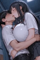 ai_generated animated breasts embrace female gakuran hug huge_breasts indoors kissing large_breasts light-skinned_female light-skinned_male mafuyu male male/female school_uniform serafuku straight