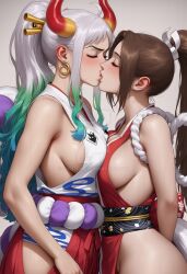 2girls ahoge ai_generated aqua_hair arm_at_side arm_behind_back bangs bare_arms bare_shoulders big_breasts blue_hair blush bopitphy breast_press breasts brown_hair cleavage closed_eyes couple crossover duo earrings fatal_fury female/female female_only gold_earrings gold_jewelry gradient gradient_hair grey_hair hair_ornament hair_stick high_ponytail hoop_earrings horns jewelry king_of_fighters kissing kunoichi long_hair love mai_shiranui monster_girl multicolored_hair multiple_females multiple_girls mutual_yuri neck ninja ninja_girl one_piece parted_bangs ponytail red_horns romantic romantic_couple sideboob sidelocks snk standing symmetrical_docking tied_hair yamato_(one_piece) yuri