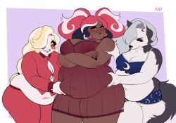 bbw belly big_belly black_lipstick blush blushing_female bra canine charlie_morningstar_(hazbin_hotel) chubby chubby_female dark-skinned_female dark_skin demon embarrassed embarrassed_female enjoying exposed_midriff female_focus female_only holding_belly kay_inthedark large_breast large_thighs loona_(helluva_boss) multicolored_hair multiple_girls nightgown overweight overweight_female poking_belly red_eyes thick_thighs tight_fit tummy velvette white_fur wide_hips wide_thighs wolf_girl
