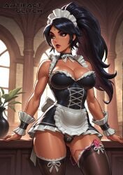 abs ai_generated artifactglitch big_breasts black_hair breasts_pressed_together brown_eyes chocker dark_skin fit forehead_jewel french_maid french_maid_nidalee league_of_legends leaning lipstick long_hair maid maid_outfit makeup nidalee panties ponytail pose riot_games short_skirt shoulders tagme the_grind_series thick_ass thighhighs thighs tied_hair vibrator watermark wrist_cuffs