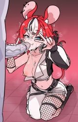 1boy 1girls alternate_costume anonymous_male belts blue_eyes breasts crop_top cum cum_drip cum_dripping_down_chin cum_dripping_from_penis cum_on_breasts cum_on_face ear_piercing earrings facial female fishnets grey_body hakos_baelz hakos_baelz_(snake_eyes) handjob heart heart-shaped_pupils hololive hololive_english hololive_english_-council- hololive_english_-promise- kneeling kneeling_oral_position licking_lips light-skinned_female male midriff moral_cacoethes motion_lines mouse_ears mouse_girl mouse_tail nail_polish navel nipple_piercing nipples official_alternate_costume one_breast_out orange_nails piercing pink_background rat_ears rat_girl rat_tail red_hair red_tail tail_ornament tile_floor tounge_out v veiny_penis virtual_youtuber x_hair_ornament