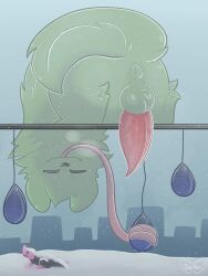 anus backsack balls blue_fruit_(rain_world) breath butt cheek_tuft colored digital_drawing_(artwork) digital_media_(artwork) eyes_closed facial_tuft feral fluffy_balls fur genitals green_body green_fur hi_res jasucharm line_art lizard_(rain_world) long_tongue male neck_tuft penis perch pink_lizard_(rain_world) pole rain_world raised_tail saint_(rain_world) shaded slugcat smile snow snowing solo tail tongue tuft videocult