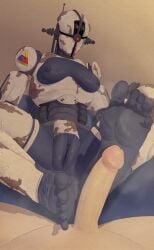 2d 2d_(artwork) assaultron assaultron_(fallout) black_body black_breasts black_nipples black_pussy breasts camo camo_print camouflage fallout fallout_new_vegas feet feet_focus female female/ambiguous female_focus foot_fetish footjob laying_down laying_on_back logo milkermaker mono_eyed musk_clouds naked naked_female one_eye pussy pussy_lips receiving_pov robot robot_girl robot_humanoid white_skin wrinkled_feet