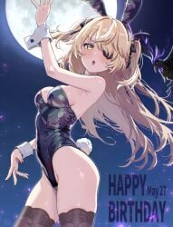 absurdres animal_ears arm_up bat_ornament black_leotard black_thighhighs blonde_hair breasts cleavage commentary_request covered_navel dated eyepatch fake_animal_ears fake_tail female female_only fischl_(genshin_impact) genshin_impact green_eyes happy_birthday highleg highleg_leotard highres leotard long_hair looking_at_viewer medium_breasts moon night open_mouth outdoors oz_(genshin_impact) rabbit_ears rabbit_tail sky strapless strapless_leotard tail teeth thighhighs thighs two_side_up umamipesto upper_teeth_only white_wrist_cuffs wrist_cuffs