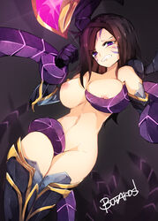 areola armor big_breasts breast_grab breasts brown_hair butaros clothing crying facial_markings female forced hair hand_on_breast human imminent_rape imminent_sex kai'sa league_of_legends legwear long_hair mammal markings navel nipples nude purple_eyes rape restrained riot_games solo suspension tears tentacle tentacle_monster tentacle_rape thigh_highs vel'koz video_games