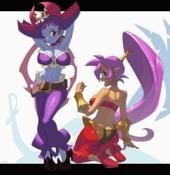 2d 2girls arms arms_behind_head arms_up artist_name ass breasts cleavage cute earrings female female_only looking_back navel one_eye_closed orlek ponytail purple_hair risky_boots shantae shantae_(character) smile smiling very_long_hair wayforward