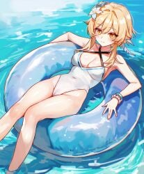 alternate_costume blonde_hair blush breasts cleavage closed_mouth commentary_request female female_only flower genshin_impact hair_flower hair_intakes hair_ornament highleg highleg_one-piece_swimsuit highres innertube legs looking_at_viewer lumine_(genshin_impact) medium_breasts ocean on_innertube one-piece_swimsuit short_hair short_hair_with_long_locks smile solo swim_ring swimsuit thighs umamipesto water white_flower white_one-piece_swimsuit yellow_eyes