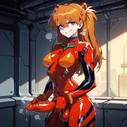ai_generated anime asuka_langley asuka_langley_sohryu blue_eyes blush bodysuit breasts bulge clothing covered_penis covered_testicles cowboy_shot erection erection_under_clothes evangelion female futanari futanari_masturbation grin hair_between_eyes hairpods indoors interface_headset large_penis latex long_hair looking_at_viewer lunaart medium_breasts neon_genesis_evangelion orange_hair penis pilot_suit plugsuit precum red_bodysuit science_fiction skin_tight smile solo souryuu_asuka_langley standing sweat teeth testicles veins