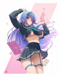 1girl absurdres apple_hair_ornament arcana_(fortune_mate)_(nikke) arcana_(nikke) black_sailor_collar black_serafuku black_skirt blue_eyes blue_garter_straps blue_hair blue_neckerchief blush breast_zipper breasts card commentary covered_underboob crop_top crop_top_overhang cropped_shirt english_commentary food-themed_hair_ornament garter_straps goddess_of_victory:_nikke gradient_neckerchief green_neckerchief grin hair_ornament highres large_breasts long_hair multicolored_neckerchief navel neckerchief nipples no_panties official_alternate_costume open_mouth petals pleated_skirt pussy red_ringo sailor_collar school_uniform serafuku skirt smile solo tarot tarot_card teeth the_lovers_(tarot) uncensored very_long_hair