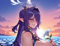 1girl female breasts horns solo flower purple_hair antlers clothing pointy_ears smile holding hair_over_one_eye looking_at_viewer holding_flower blush reindeer_antlers long_hair sky blue_eyes bare_shoulders outdoors sunset huge_breasts flower_field white_flower large_breasts gradient_sky upper_body grin makeup field from_side sunrise cloud parted_lips hair_intakes evening eyeshadow cleavage 1girls ai_generated voluptuous_female voluptuous curvaceous curvaceous_figure curvaceous_female curvy curvy_figure female_focus balecxi lauma_(genshin_impact) genshin_impact hoyoverse mihoyo