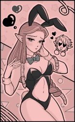 1boy 1girls big_breasts blush blush_lines bowtie braid braided_hair braided_ponytail breasts brown_hair bunny_costume bunny_ears bunny_girl bunny_tail bunnysuit clothed clothed_female corset cuffs cuffs_(clothing) embarrassed embarrassed_female exposed_belly exposed_midriff female female_focus game_pepa heart heart-shaped_pupils heart_symbol hearts_around_head hip_dips hips hylian hylian_ears large_breasts link link_(twilight_princess) long_hair navel navel_cutout pinup pointy_ears princess princess_zelda scantily_clad the_legend_of_zelda thick_thighs thighs twilight_princess zelda_(twilight_princess)