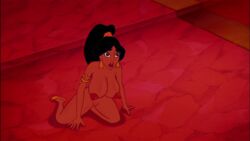 aladdin big_breasts black_hair breasts brown_eyes disney disney_princess earrings edit evil_queen_jasmine female female_only jafar_harem_outfit legs lipstick long_hair nipples nude open_mouth princess_jasmine pussy screenshot screenshot_edit teeth tied_hair tongue