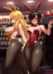 2girls animal_ears artist_name ass black_hair black_pantyhose blonde_hair bottle bow bowtie breasts bunny_ears bunny_tail bunnysuit cigarette commentary covered_navel cslucaris cup detached_collar drinking_glass english_commentary fake_animal_ears fake_tail gradient_hair grey_eyes half-siblings highleg highleg_leotard highres holding holding_bottle holding_tray indoors large_breasts leotard long_hair medium_breasts multicolored_hair multiple_girls pantyhose patreon_username playboy_bunny purple_eyes rabbit_ears rabbit_tail red_bow red_bowtie red_hair red_leotard ruby_rose rwby short_hair siblings sisters smile smoke smoking standing strapless strapless_leotard tail traditional_bowtie tray very_long_hair web_address wrist_cuffs yang_xiao_long yellow_leotard
