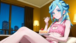1boy ai_generated bite blue_eyes blue_hair blue_nails bra bulge cake cat_cutout cute cute_face eating eating_cake femboy grusha_(pokemon) hotel hotel_room kitchen lingerie male otoko_no_ko panties penis pokemon small_penis smile strawberry strawberry_cake thighs