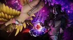 2girls angel angel_girl au_ra blonde_female blonde_hair cosmic_background cosmic_being dark_hair demon demon_girl devil ffxiv final_fantasy_xiv good_and_evil light_and_shadow midlander partially_nude revealing_clothes wings