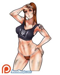 1girls 2d armpits bra brigitte brigitte_lindholm dirty female female_only g-string greasy hand_on_hip jago_dibuja no_pants overwatch softcore solo sweat tattoo thighs thong